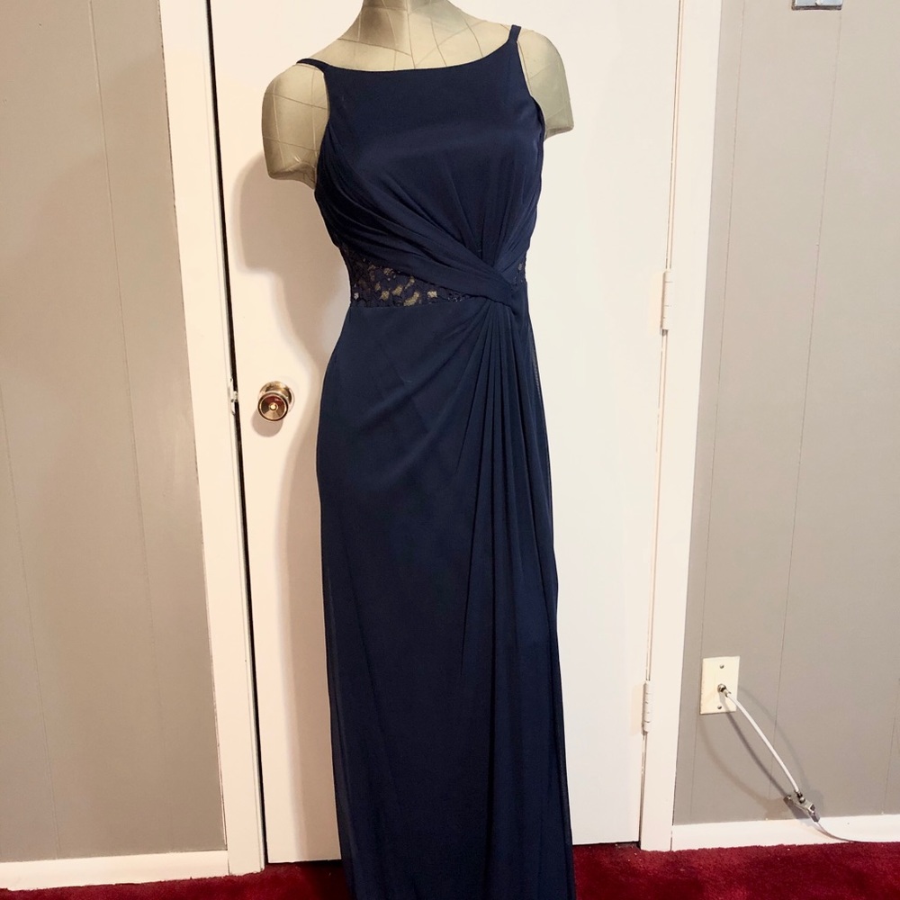 David’s Bridal marine blue long bridesmaid dress